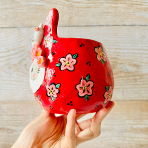 LNY RED Flowery Daruma bunny pot with bunny friends