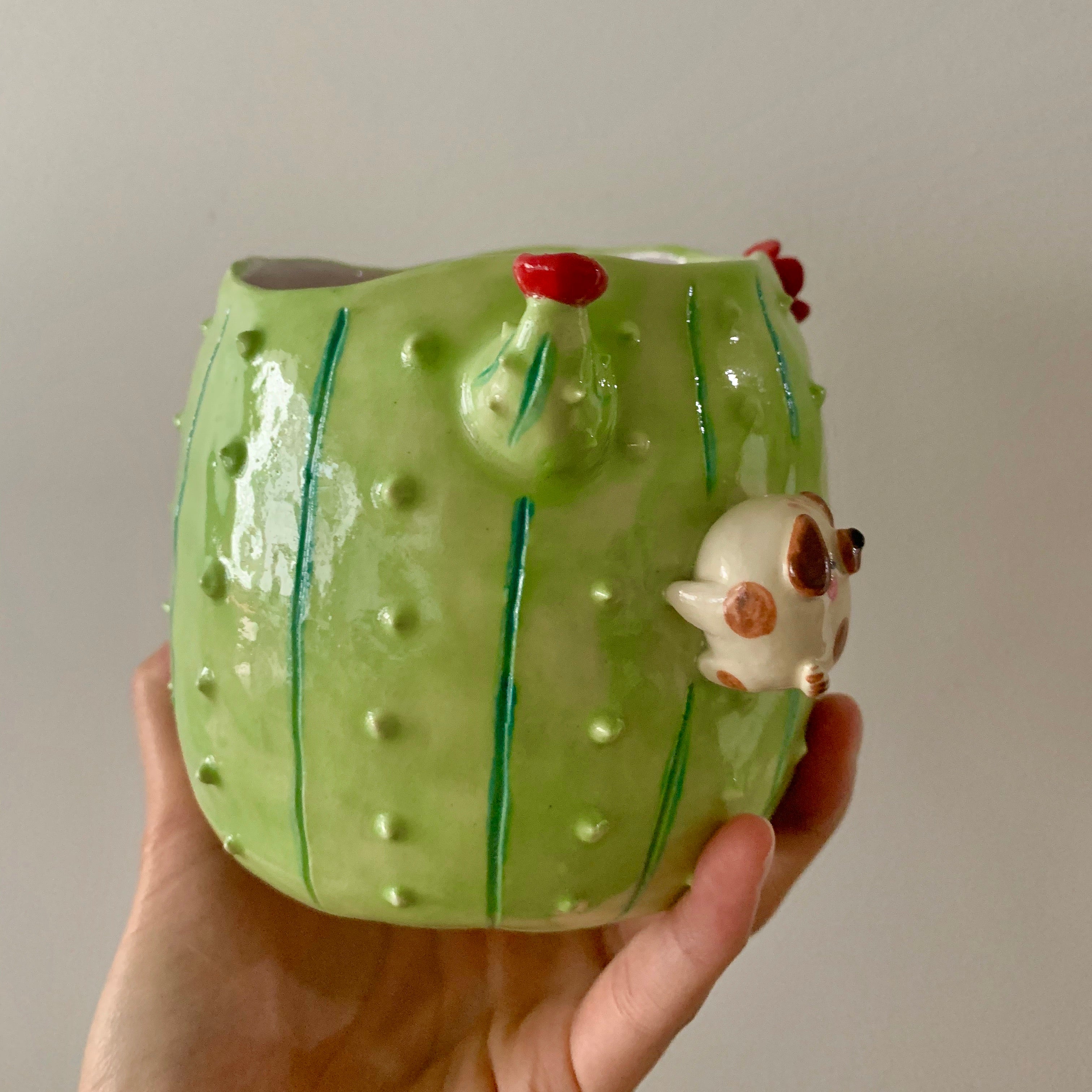 Flowery cactus pot with doggo friends