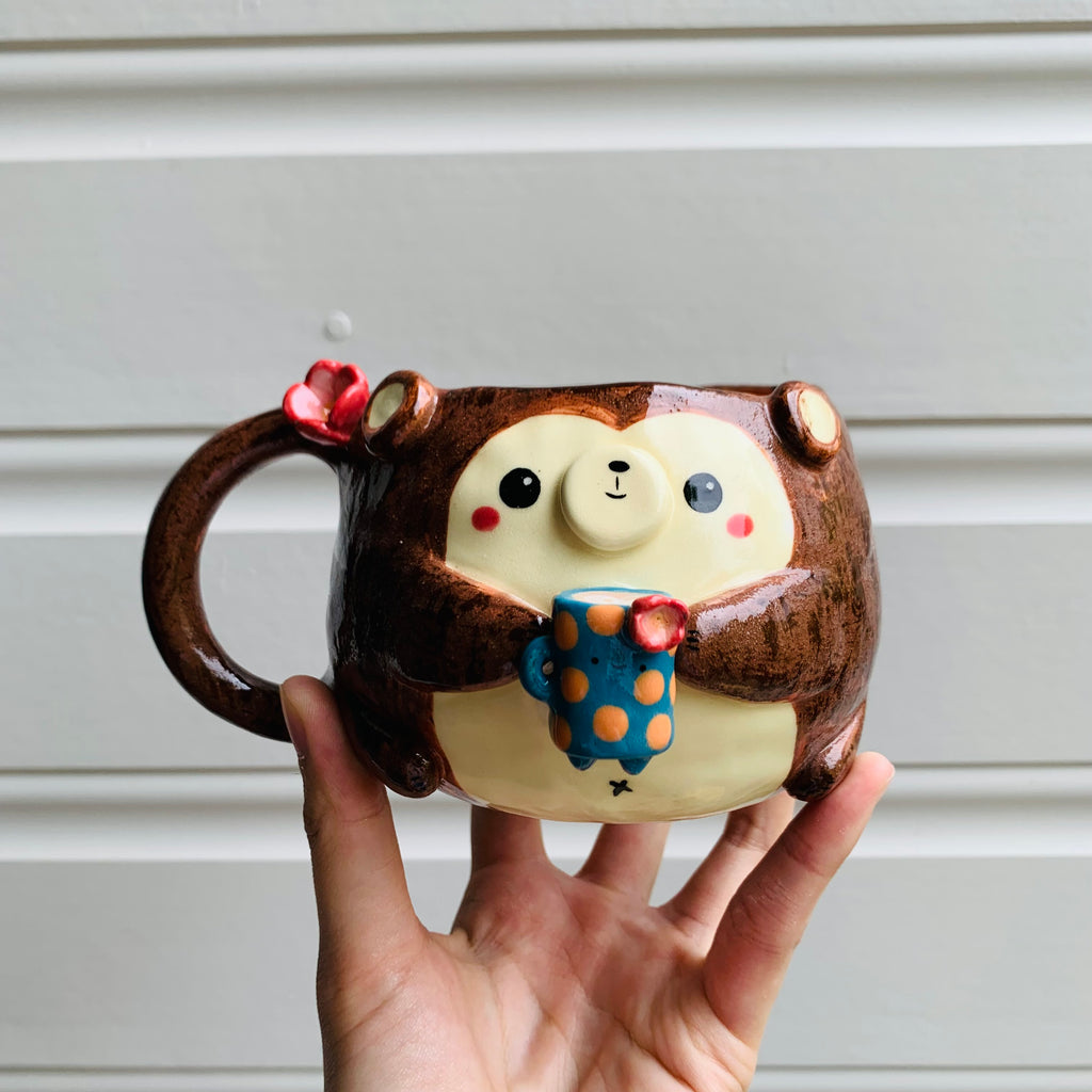 MONKEY coffee pun mug with mug friend