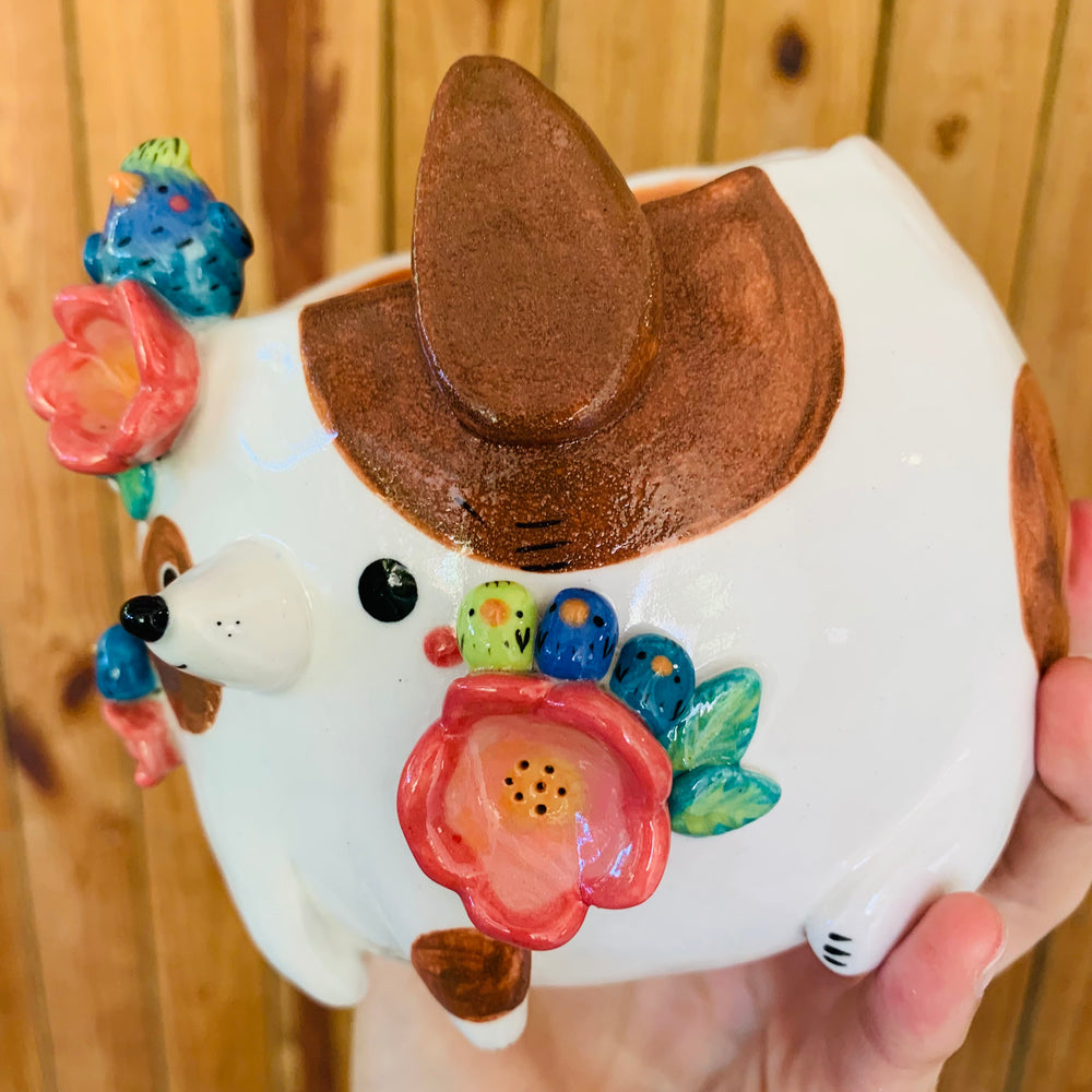 Spotty brown doggo pot with bird fam, photo 9 of 11