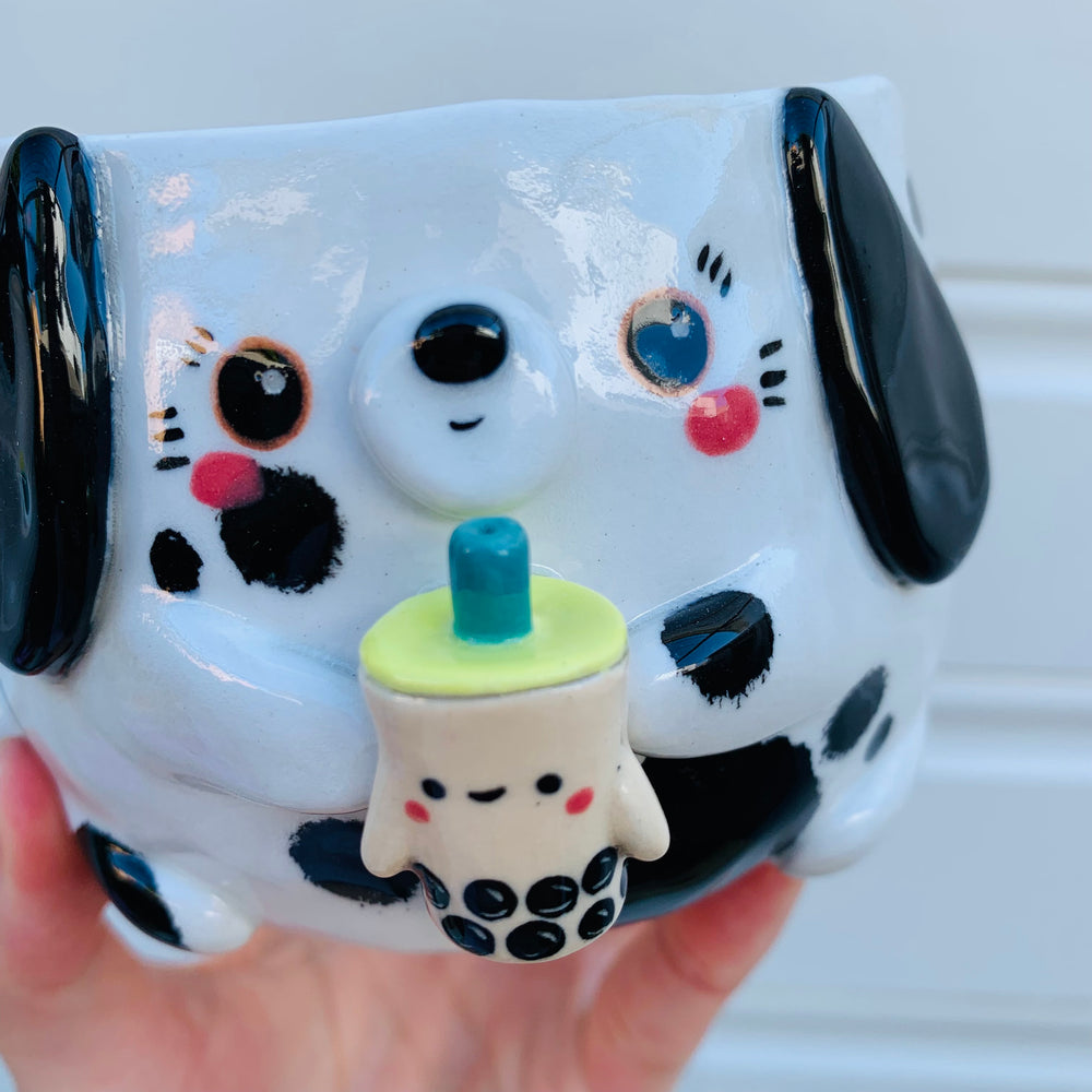 Black and white spotty doggo with bubble tea mug, photo 2 of 10