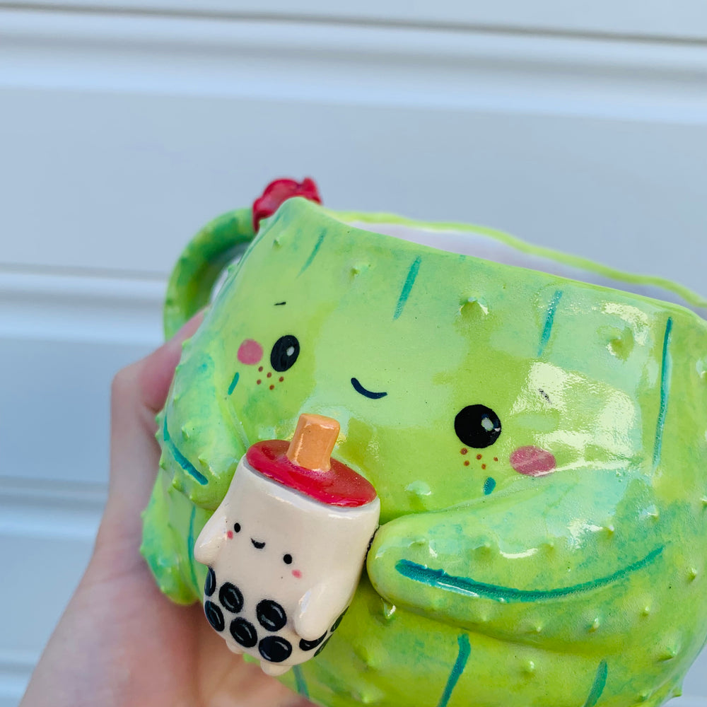 Dark green flowery cactus mug with bubble tea friend, photo 7 of 9