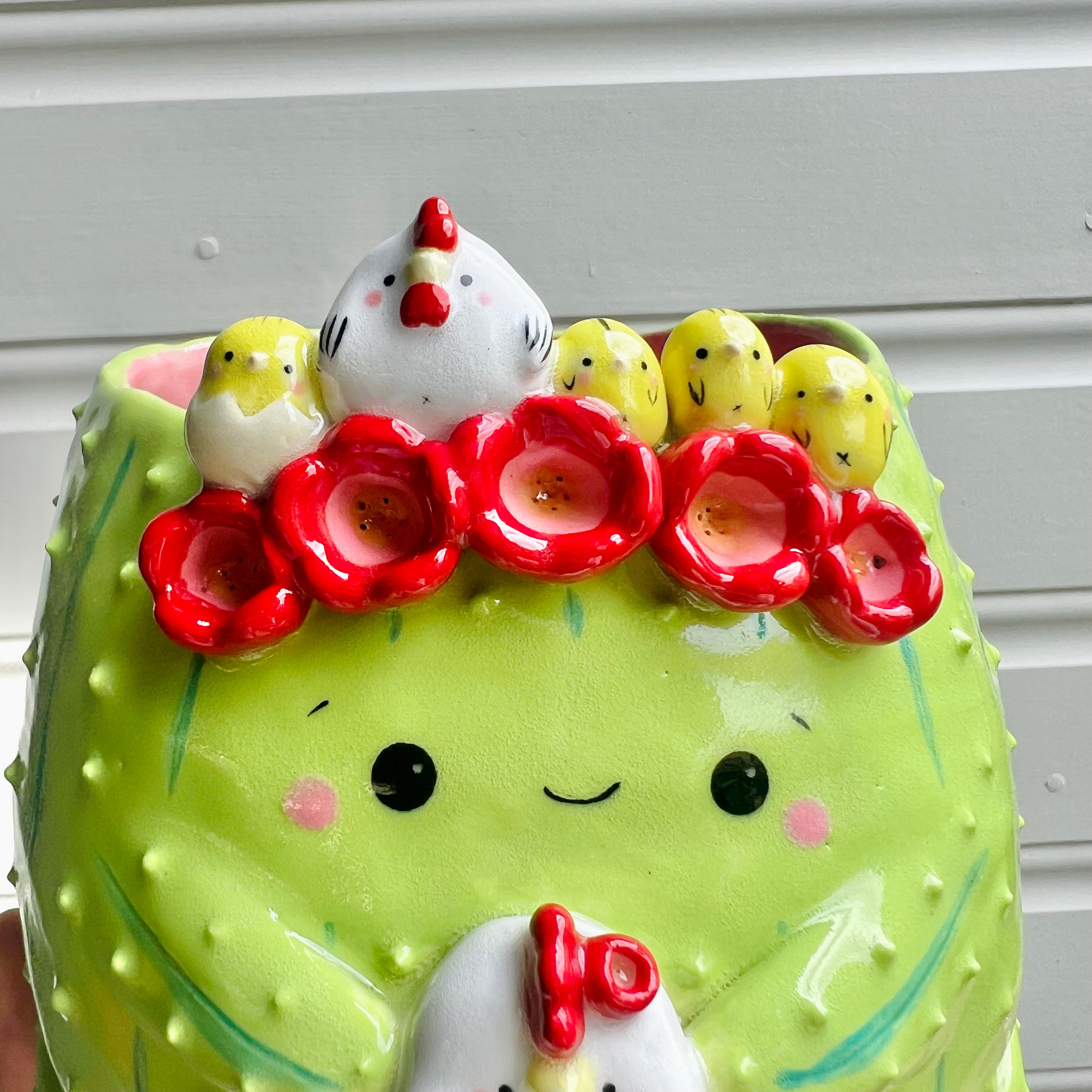 Flower/chicken crown cactus pot with chicken friends