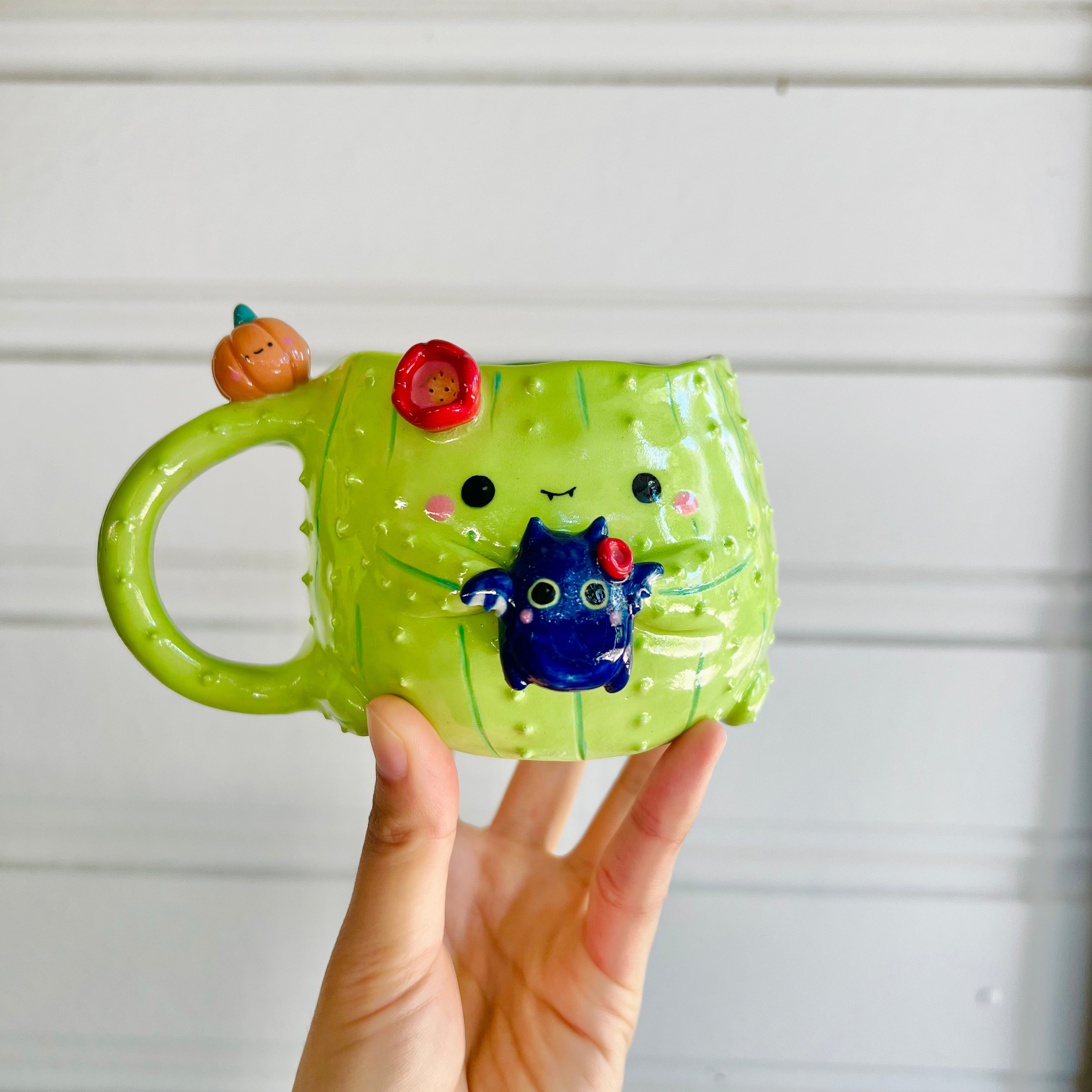 Halloween cactus mug with bat friend