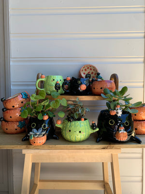 2 in 1 Halloween 2021 black cat with pumpkin friends planter