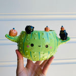 Pumpkin cactus pot with black cat friends