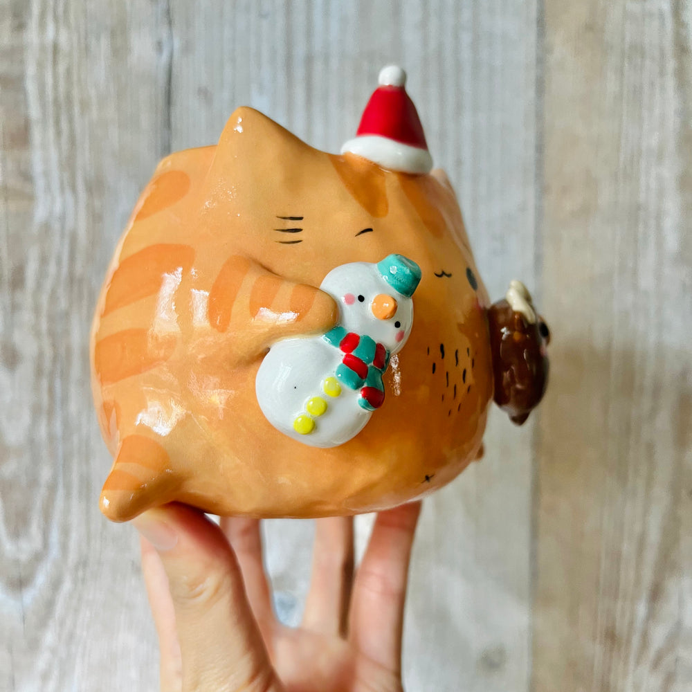 FESTIVE CAT POT with reindeer and snowman friend, photo 2 of 6