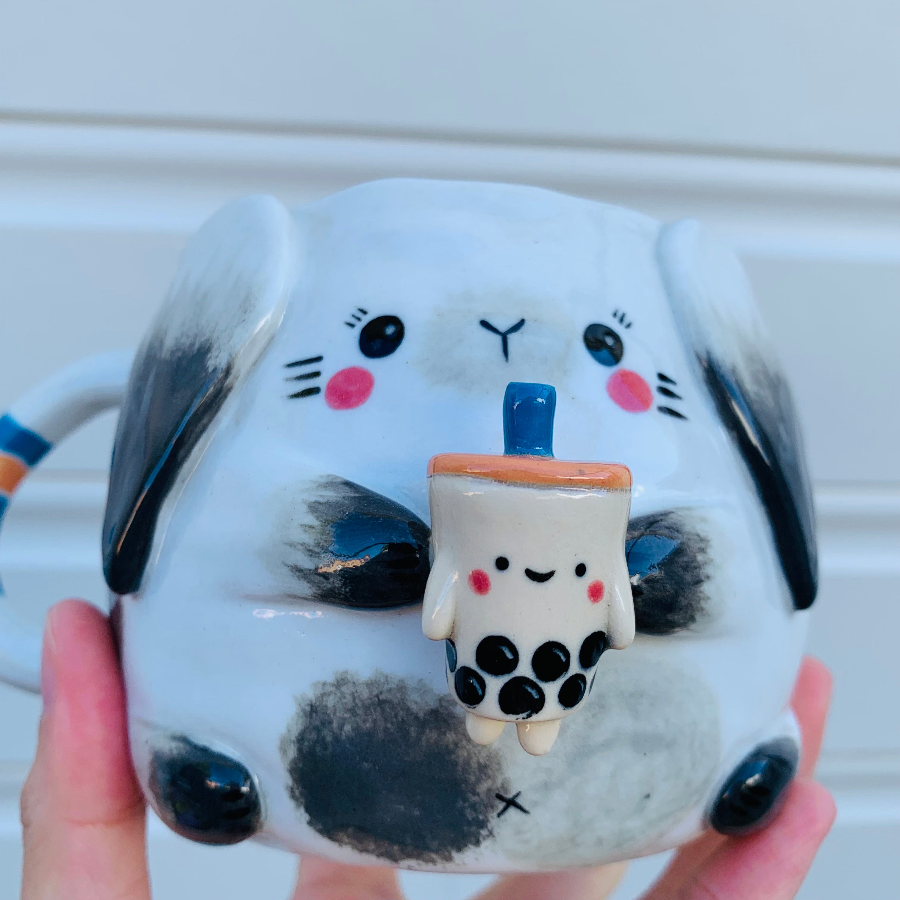 Spotty grey bunny with bubble tea mug