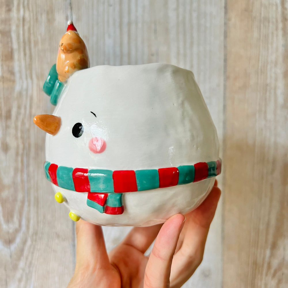 BAUBLE SNOWMAN POT with ginger kitty friend, photo 3 of 7