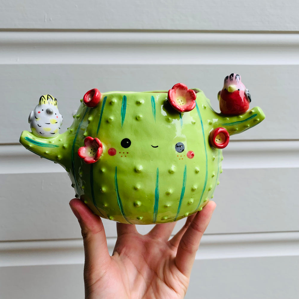 Flowery cactus pot with Aussie bird friends, photo 1 of 7
