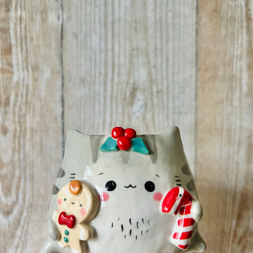 FESTIVE CAT POT with gingerbread man and candy cane friend, photo 6 of 6