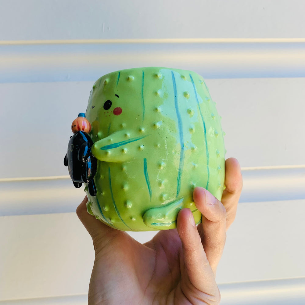 Pumpkin cactus mug with black cat friend, photo 2 of 9