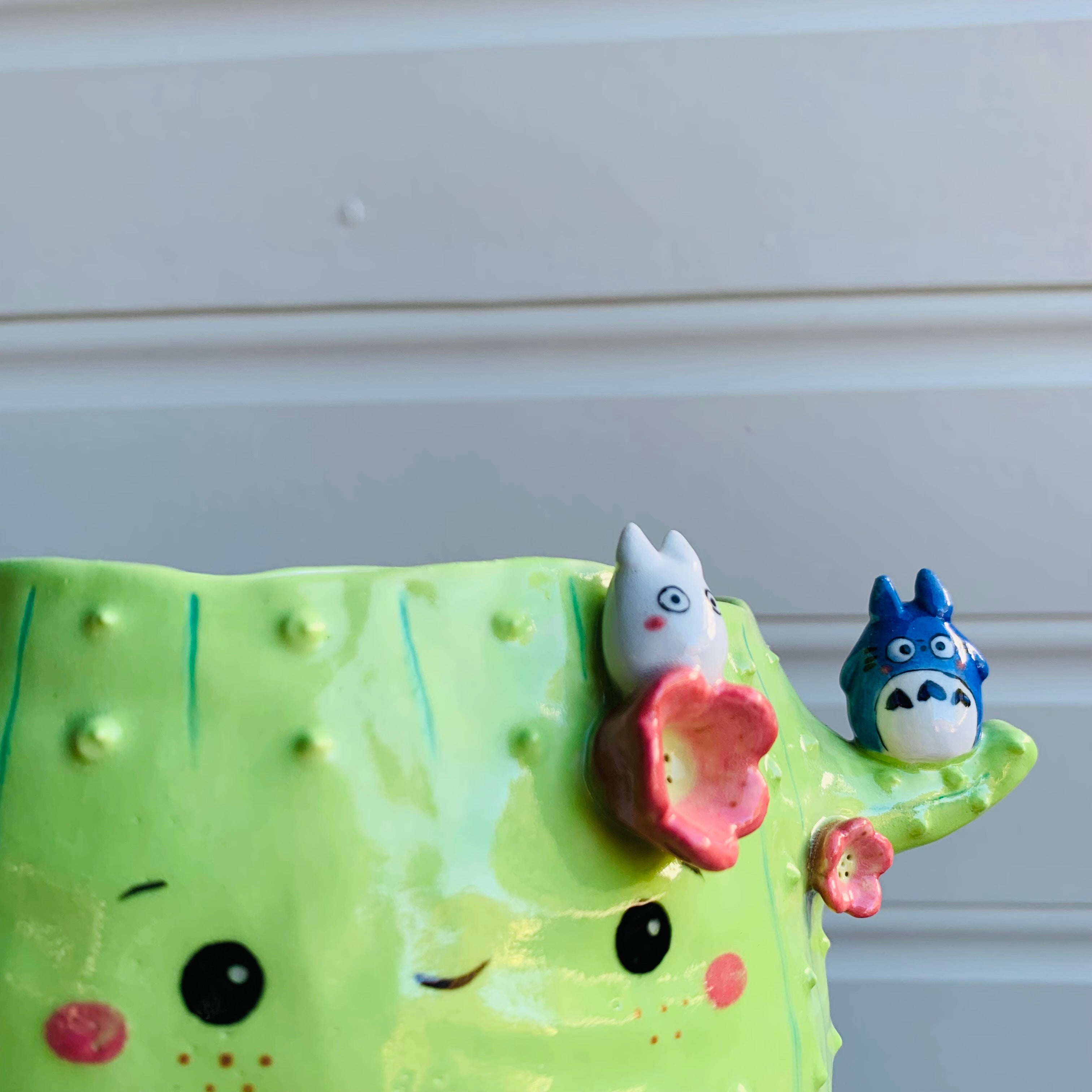 Light green flowery cactus pot with Totoro friends