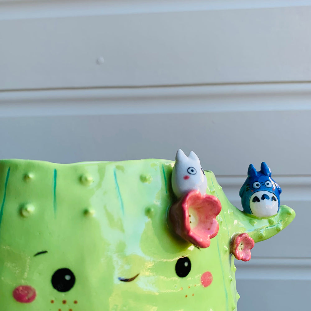 Light green flowery cactus pot with Totoro friends, photo 6 of 10