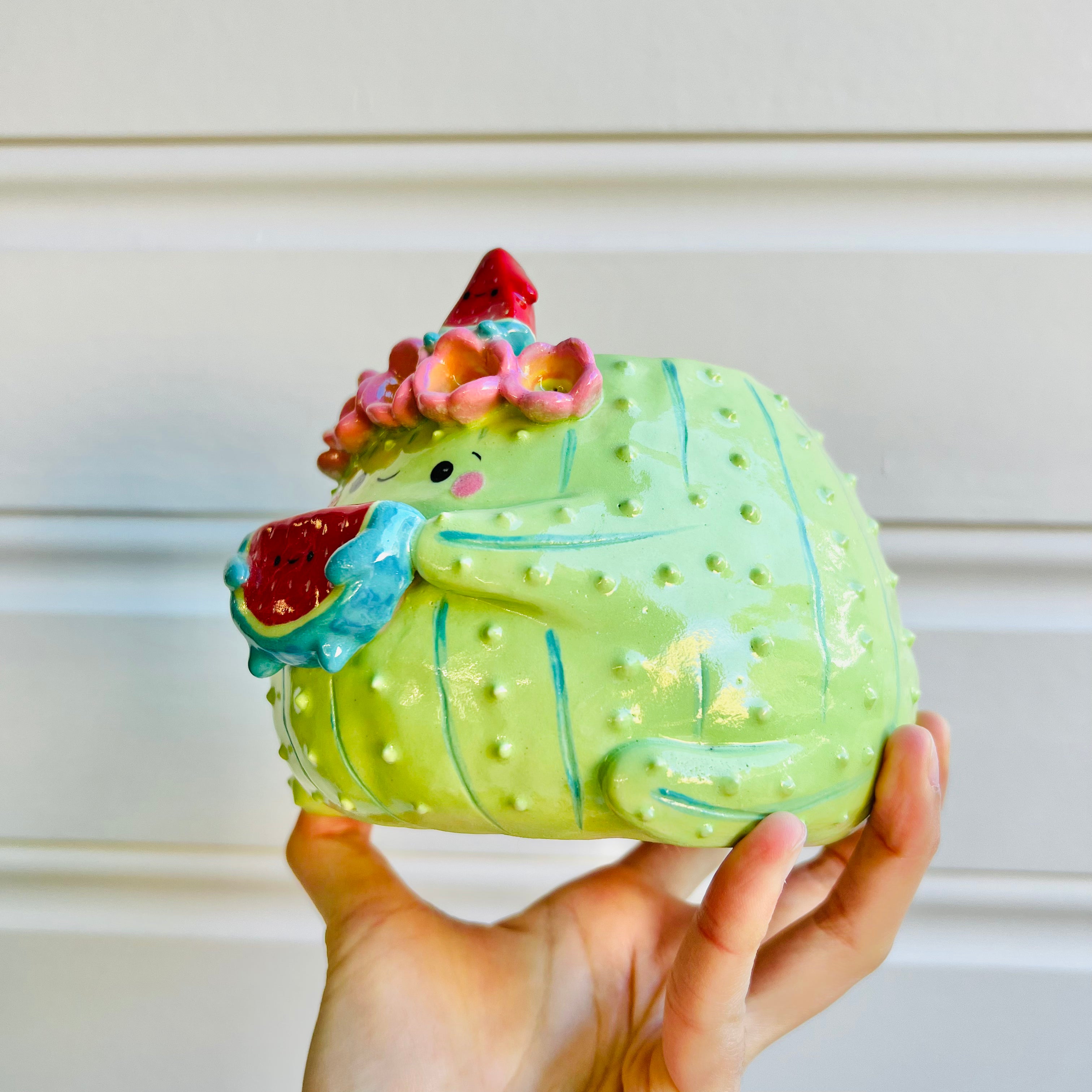 Flower crown cactus pot with watermelon friends