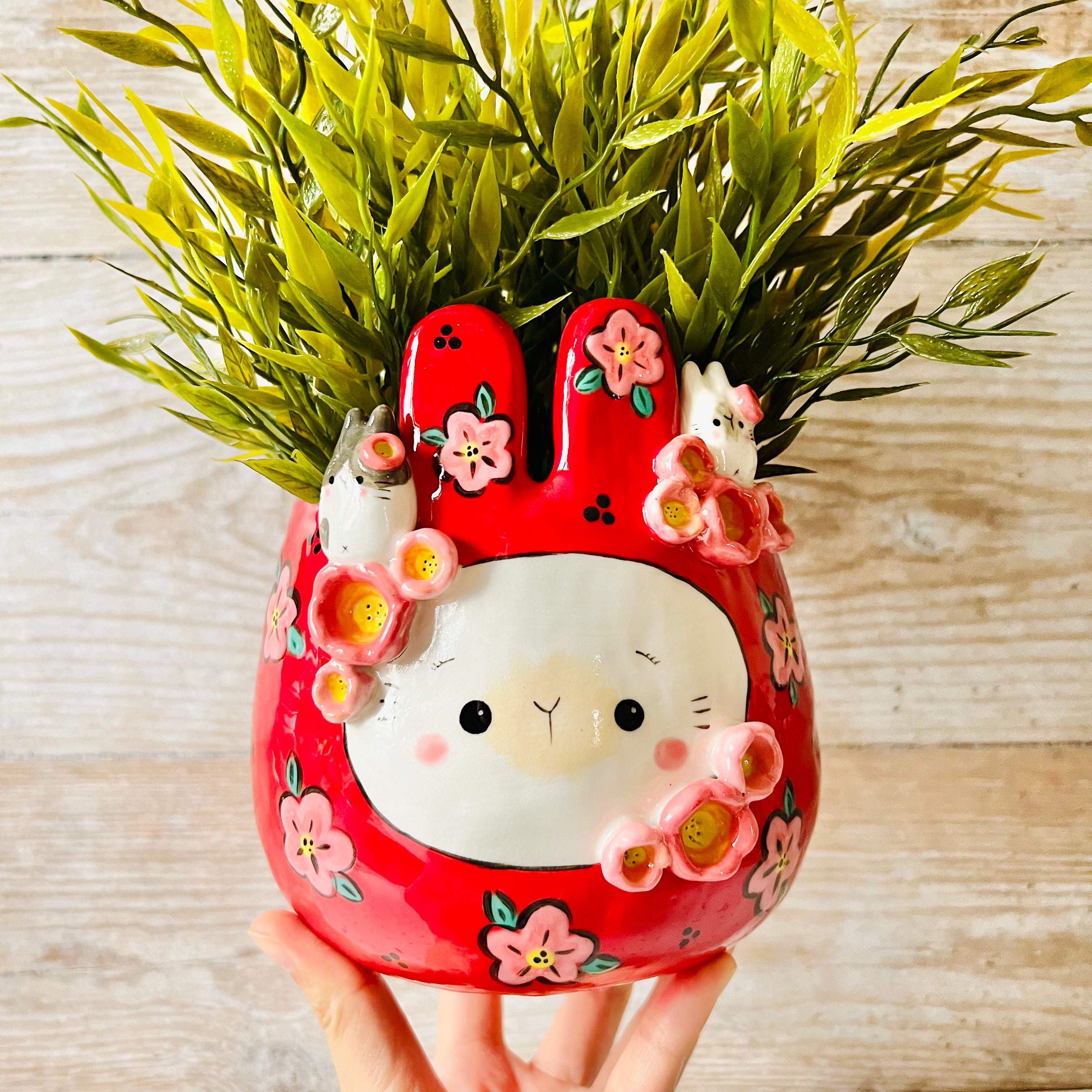 LNY RED Flowery Daruma pot with bunny friends