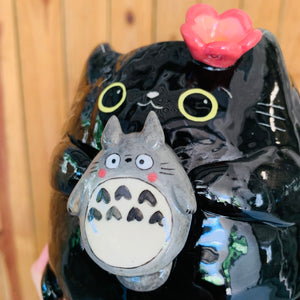 SET OF 2! Black cat pot with Totoro friend AND Totoro pot with black cat friend