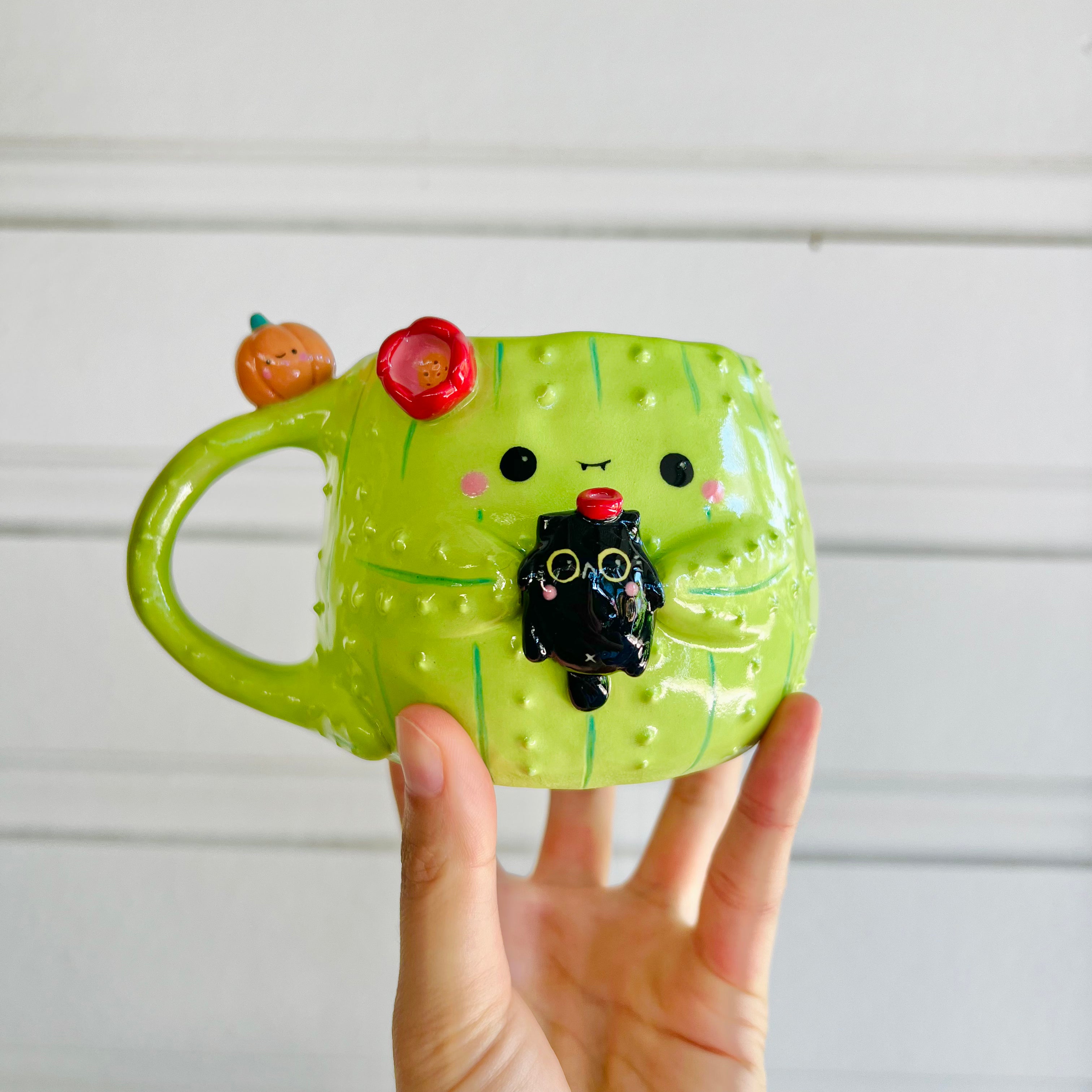 Halloween cactus mug with black cat friend