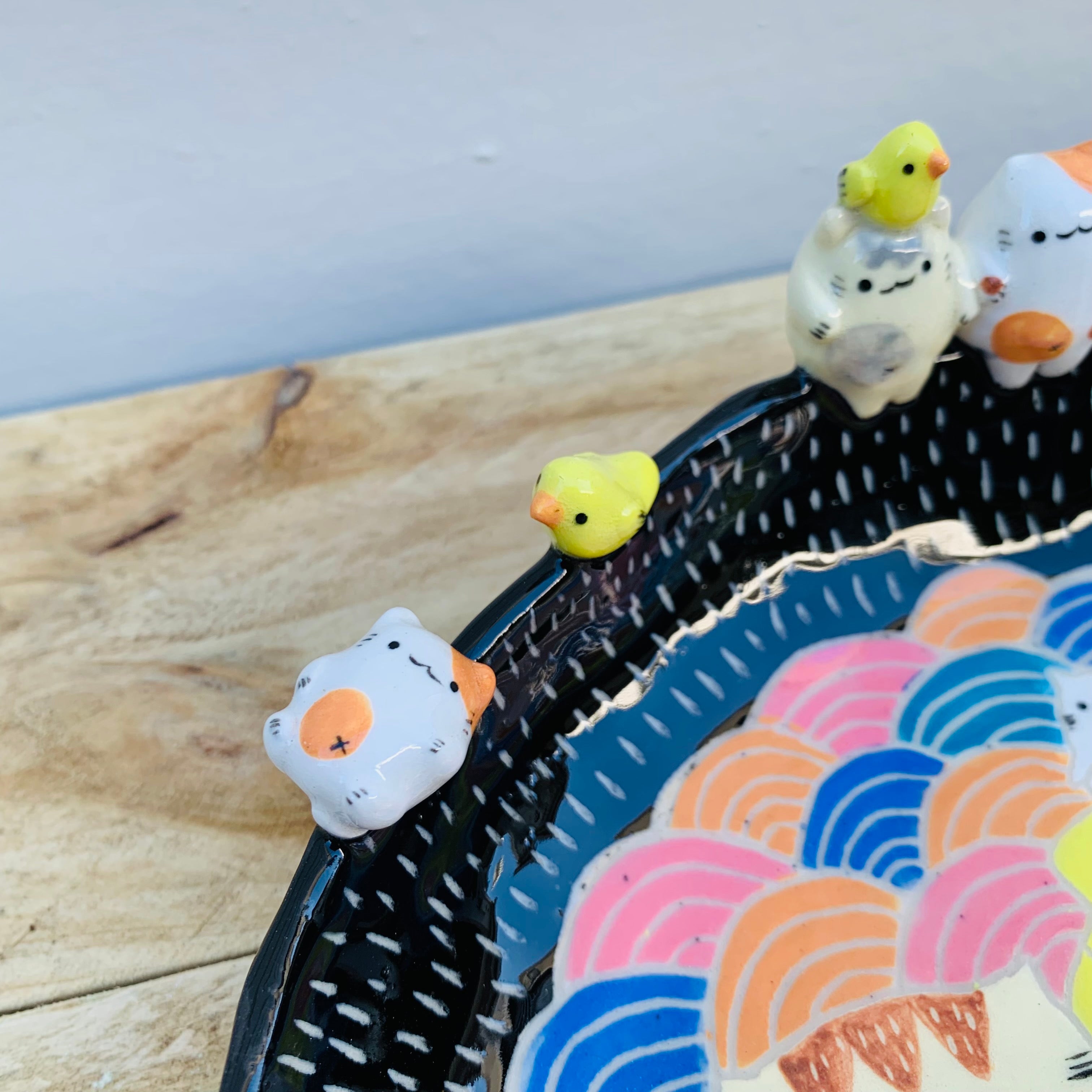 Sgraffito cat and ducky friends plate