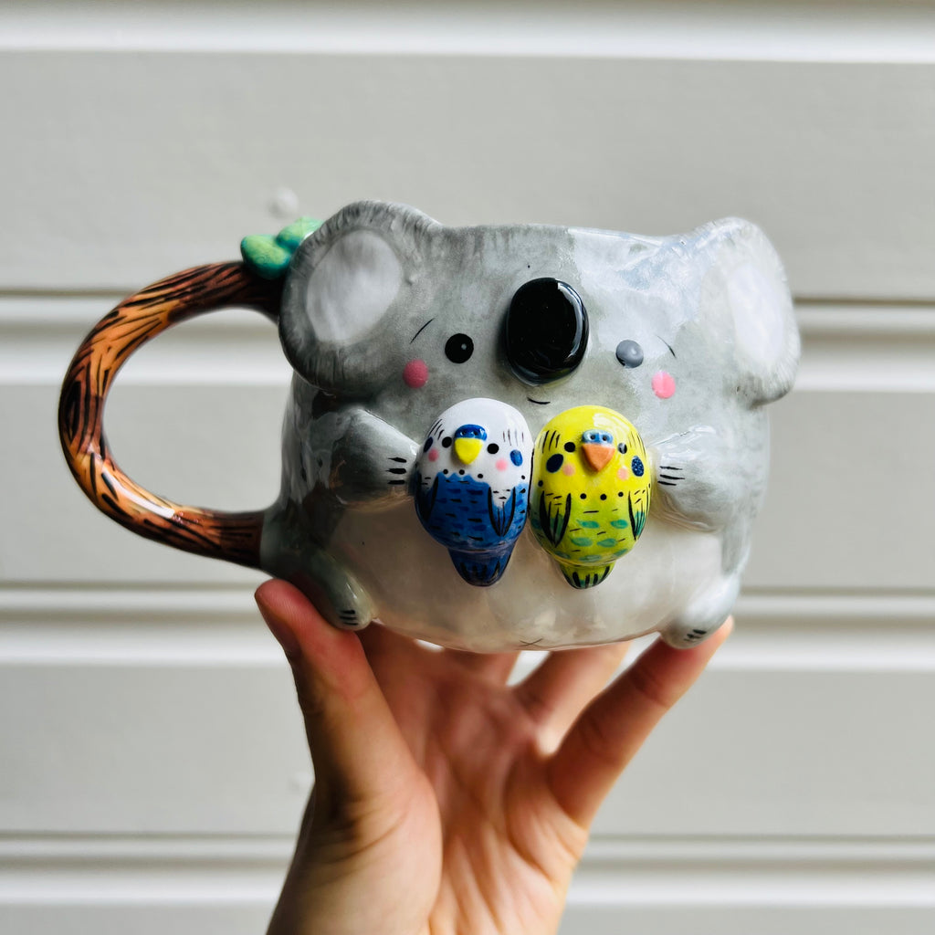 Koala Mug with Budgie friends