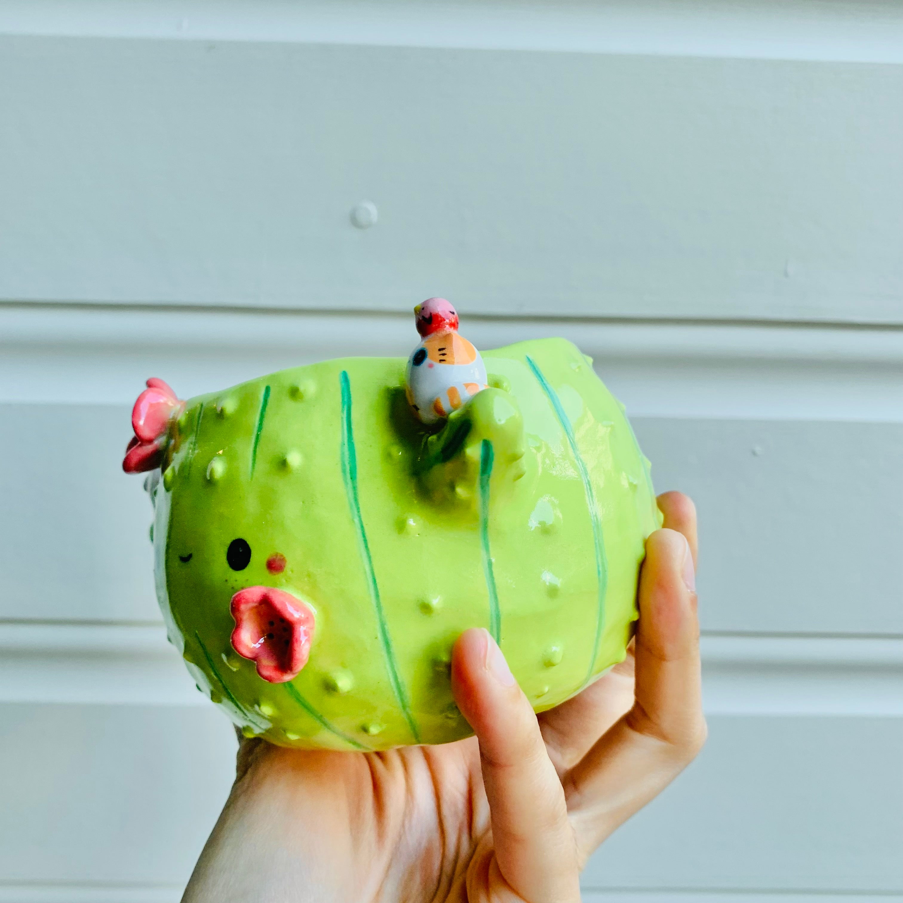 Flower cactus pot with cat and bird friends