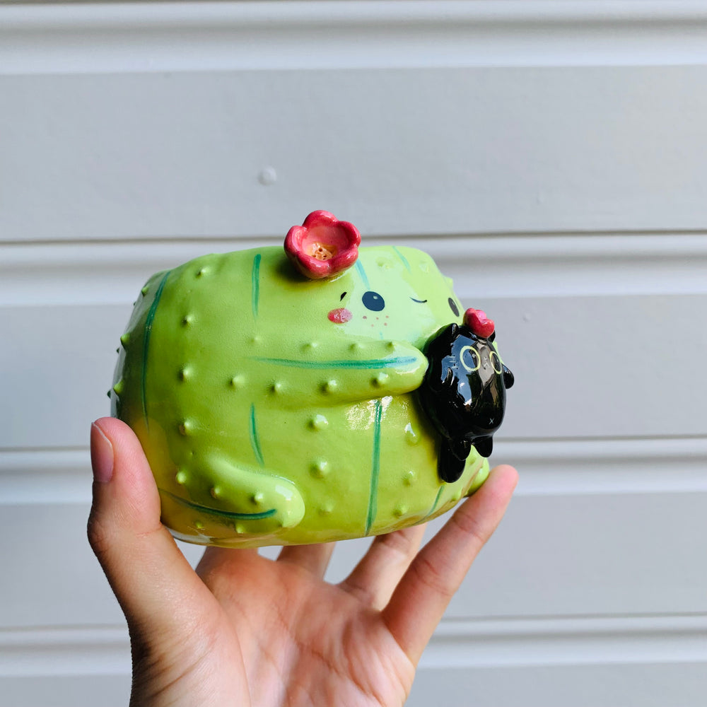 Flowery cactus pot with black cat friend, photo 2 of 6