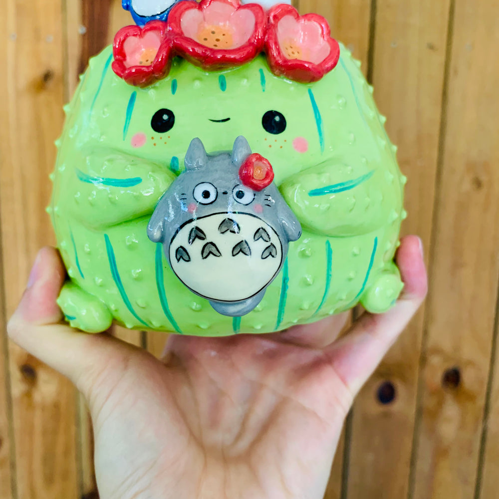 Light green flower crown cactus pot with Totoro friends, photo 9 of 9