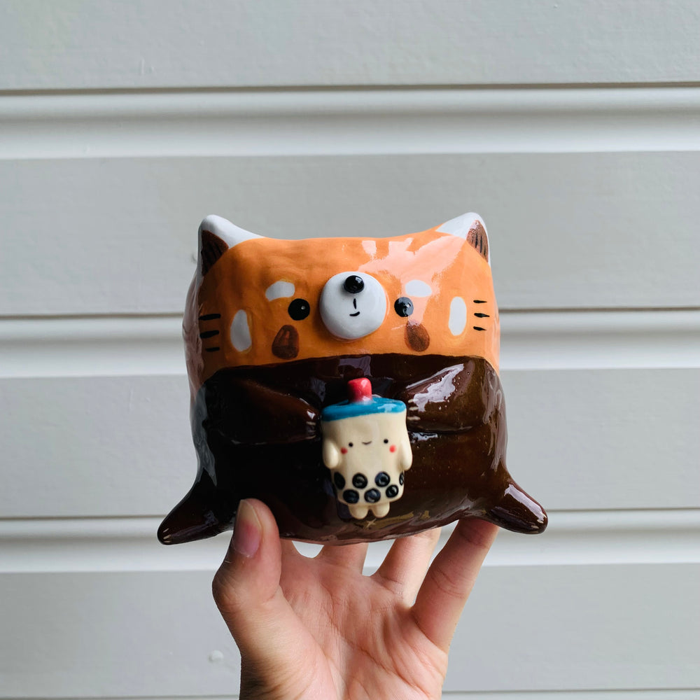 Red panda pot with bubble tea friend, photo 1 of 6