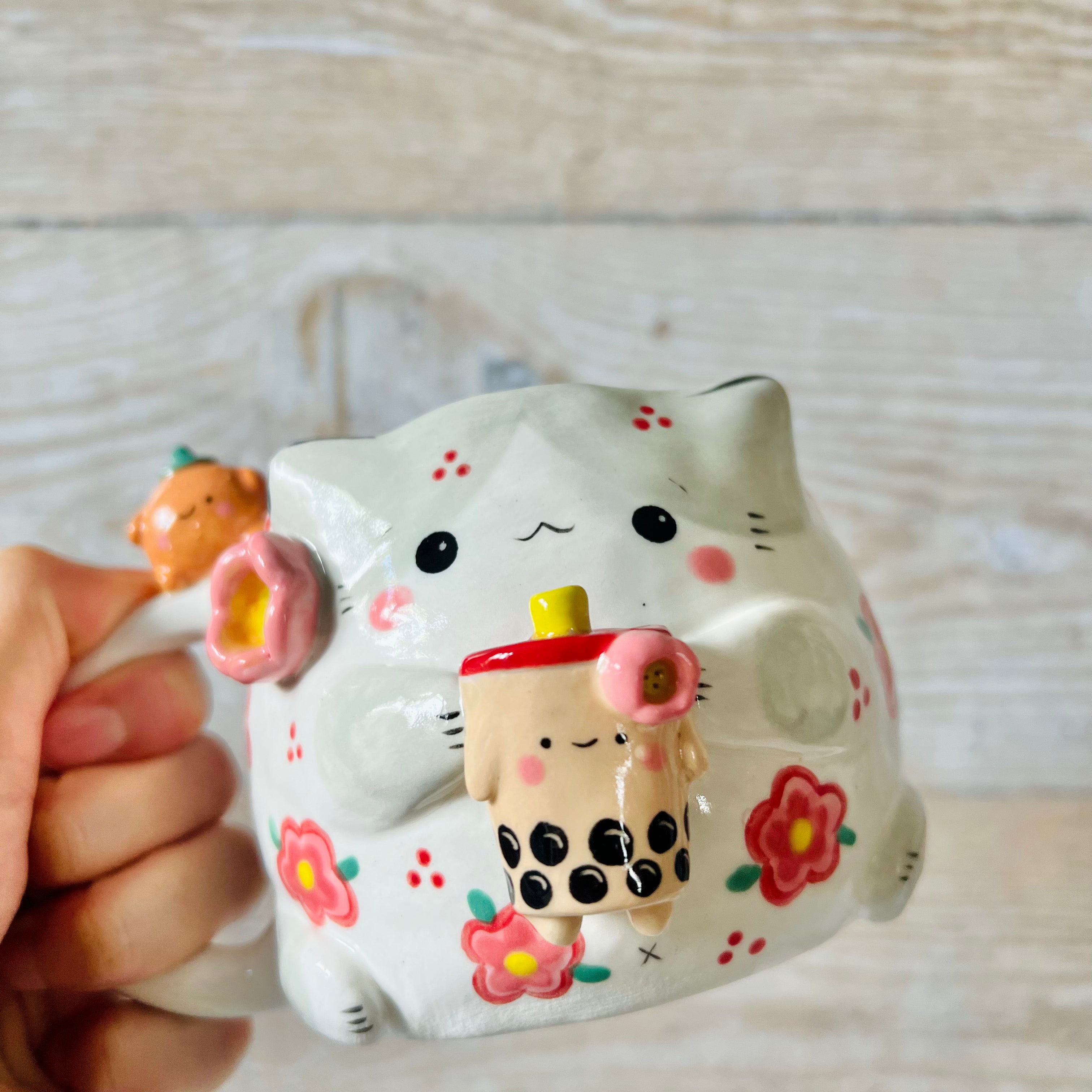 LNY CAT mug with Bubble tea and mandarin friends