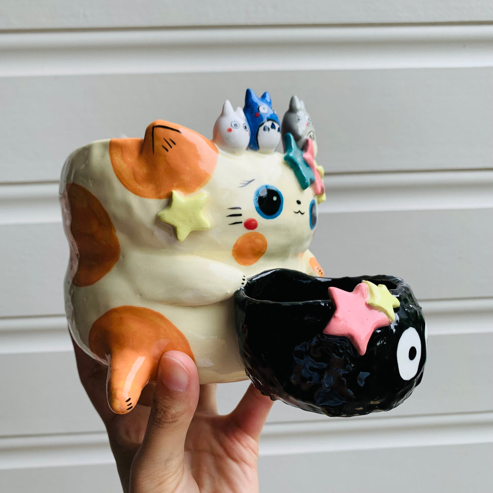 2 in 1 Spotty ginger cat and soot sprite pot with Totoro friends, photo 2 of 16