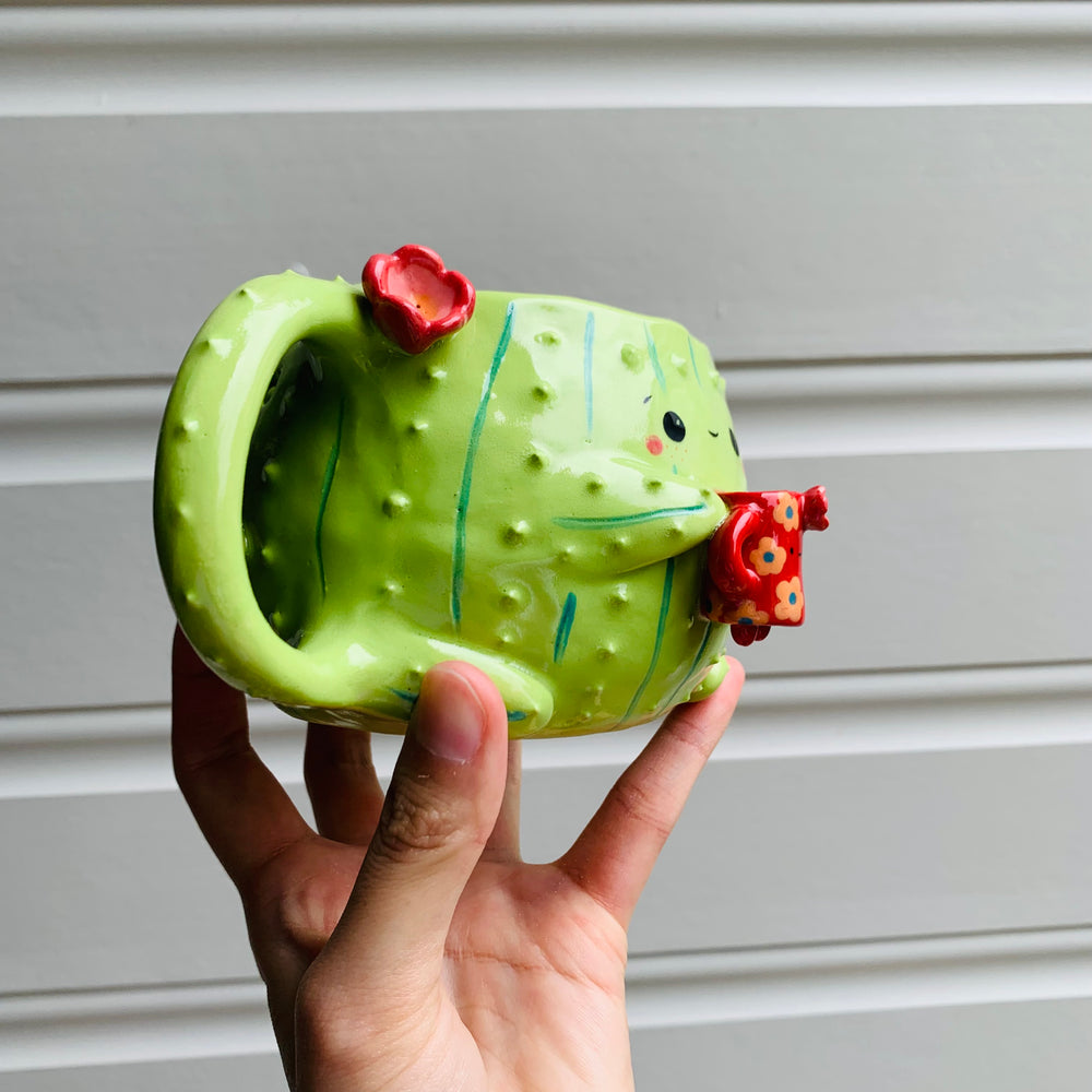 Light green CACTUS coffee pun mug with mug friend, photo 2 of 11