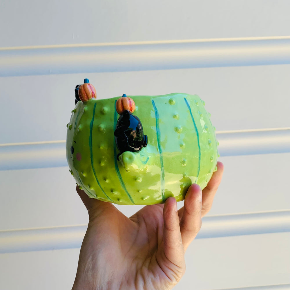 Pumpkin cactus pot with black cat friends, photo 3 of 7