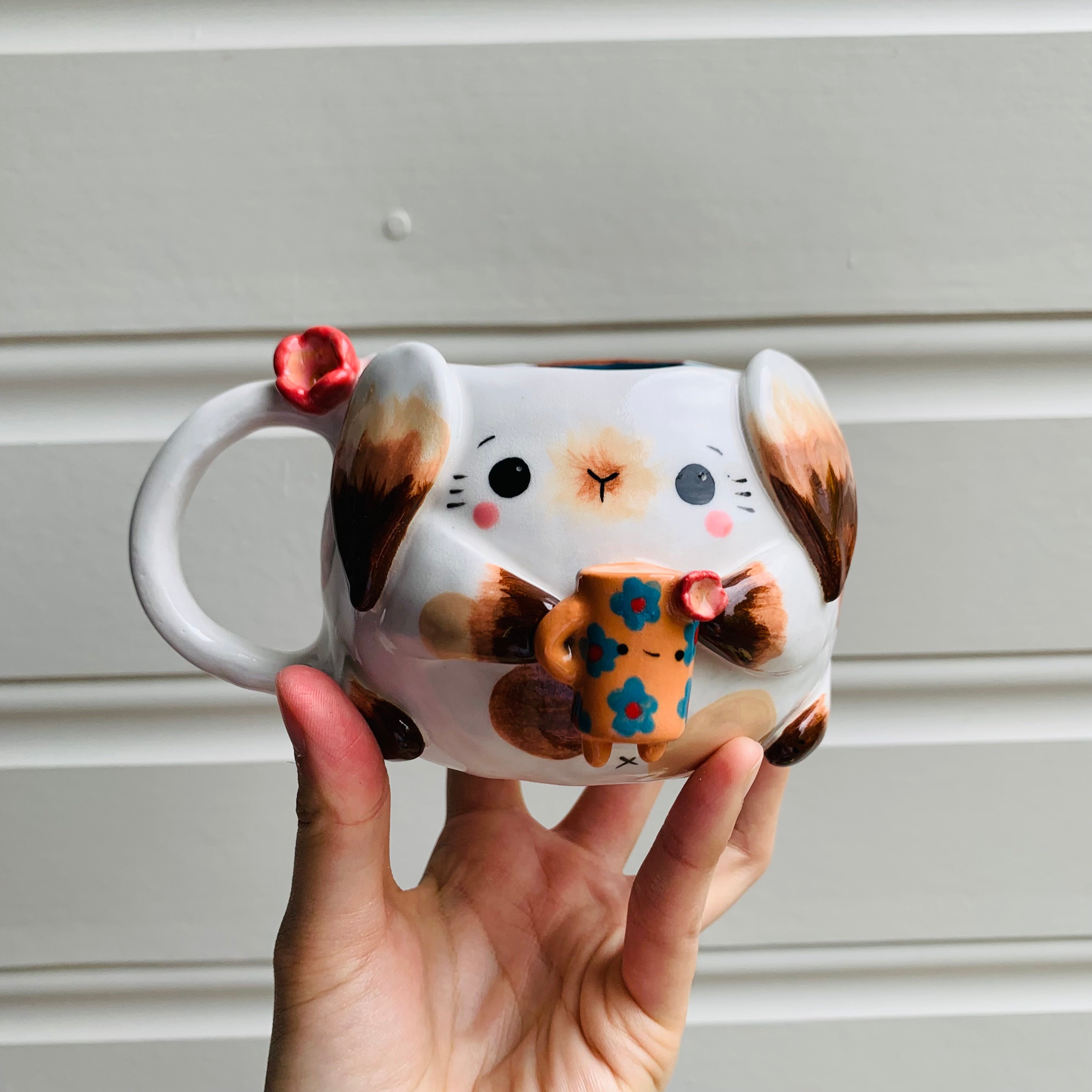 Brown and white BUNNY coffee pun mug with mug friend