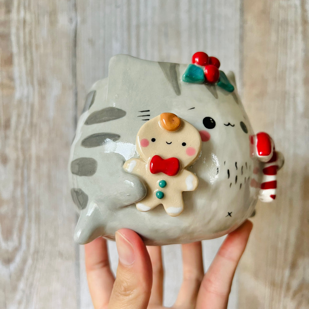 FESTIVE CAT POT with gingerbread man and candy cane friend, photo 2 of 6