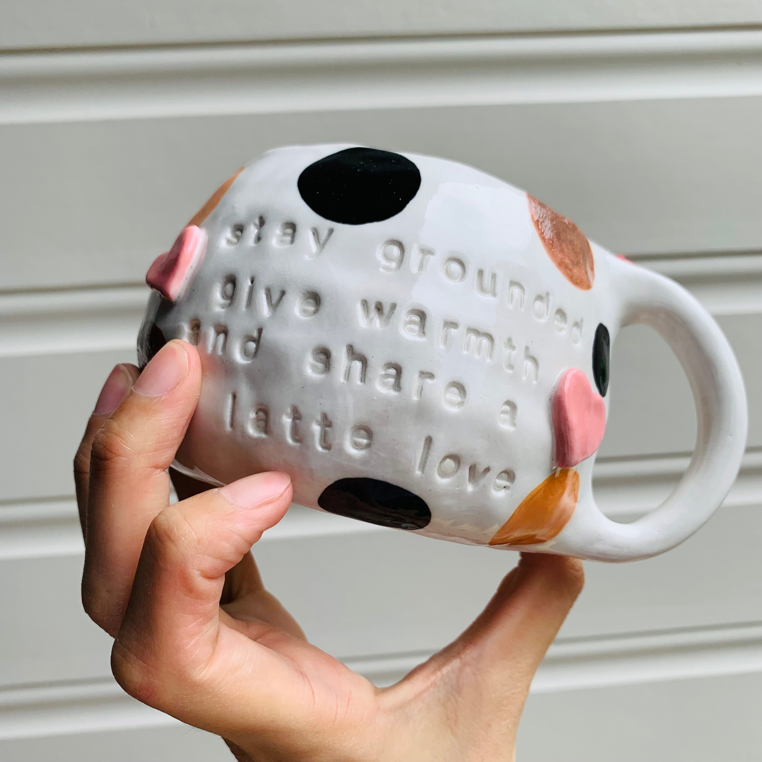 Spotty KITTY coffee pun mug with mug friend