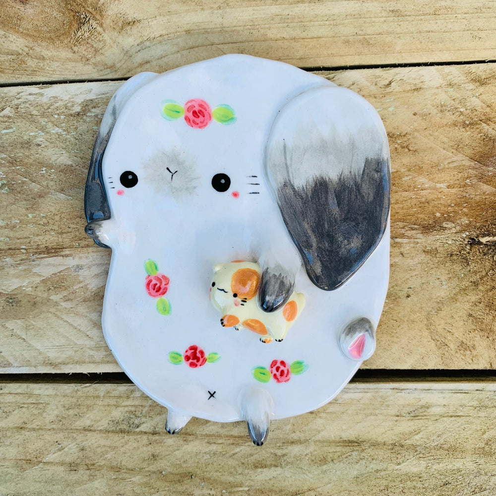 Flowery bunny with cat friend trinket dish, photo 1 of 2