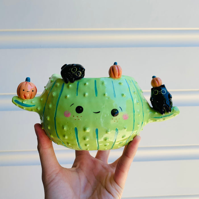 Pumpkin cactus pot with black cat friends