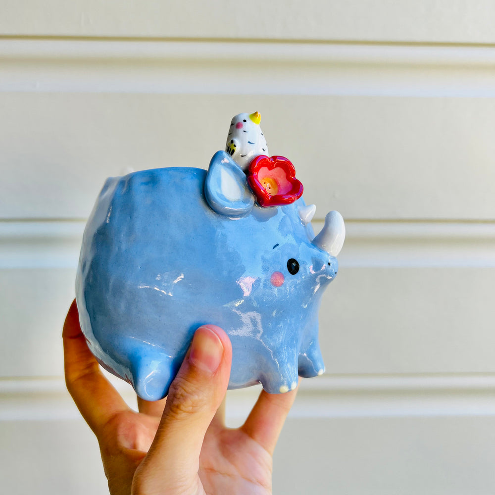 Rhino pot with egret friend, photo 2 of 5