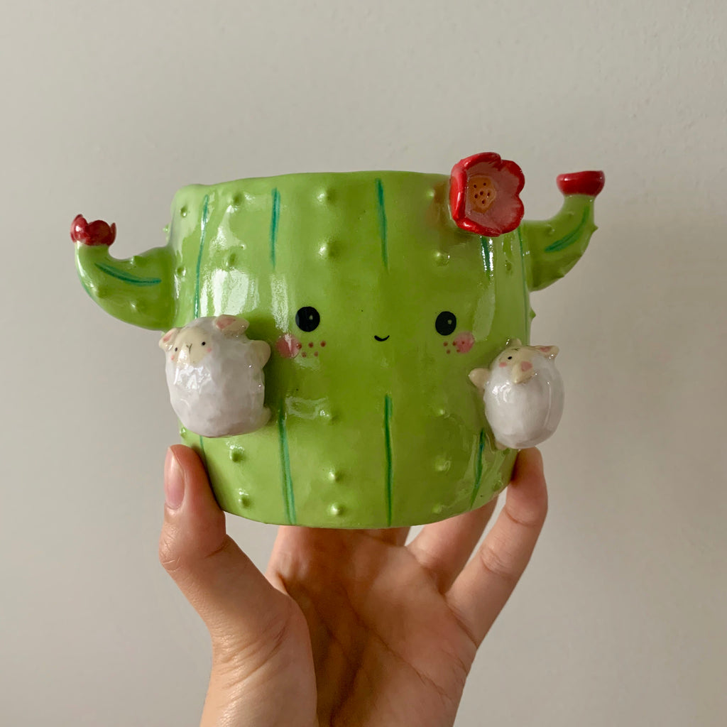 Flowery cactus pot with lamby friends