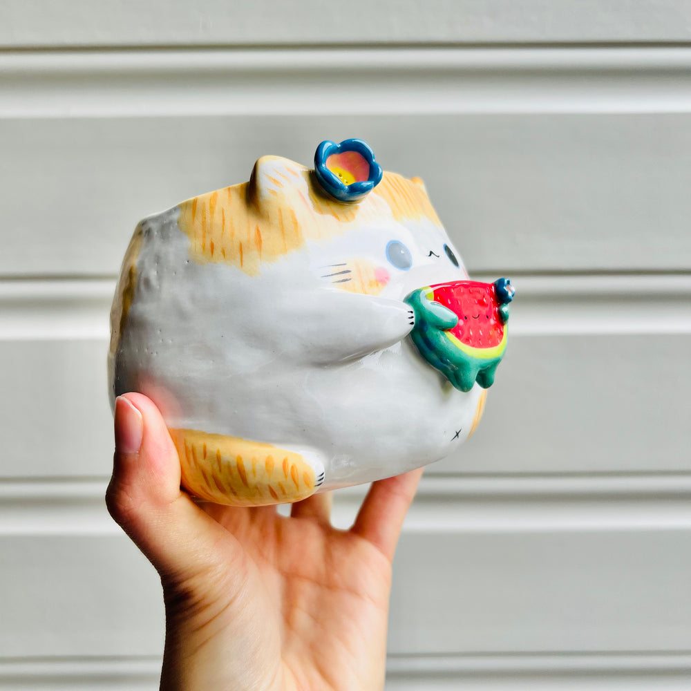 Ginger cat pot with watermelon friend, photo 2 of 5
