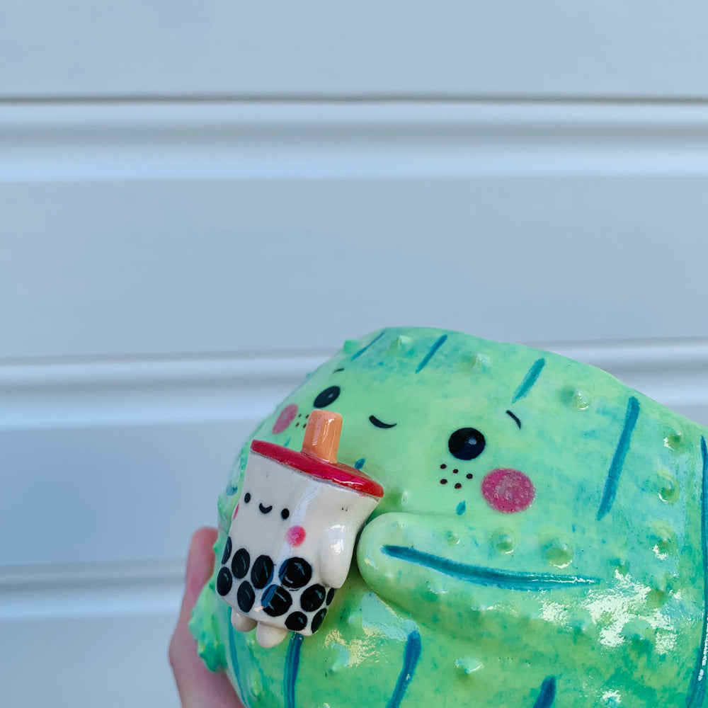 Dark green flowery cactus with bubble tea mug, photo 7 of 8