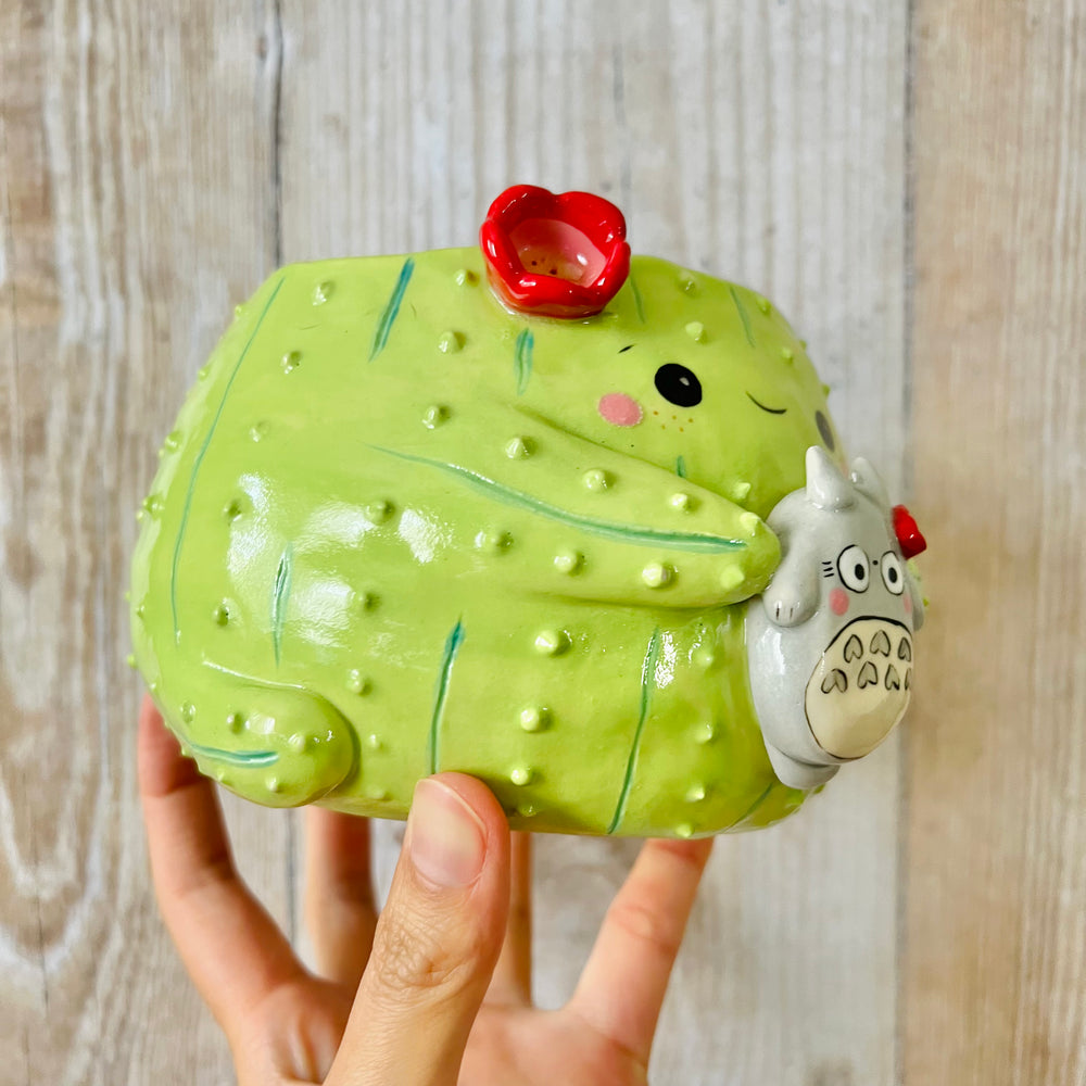 Flowery cactus pot with Totoro friend, photo 2 of 7