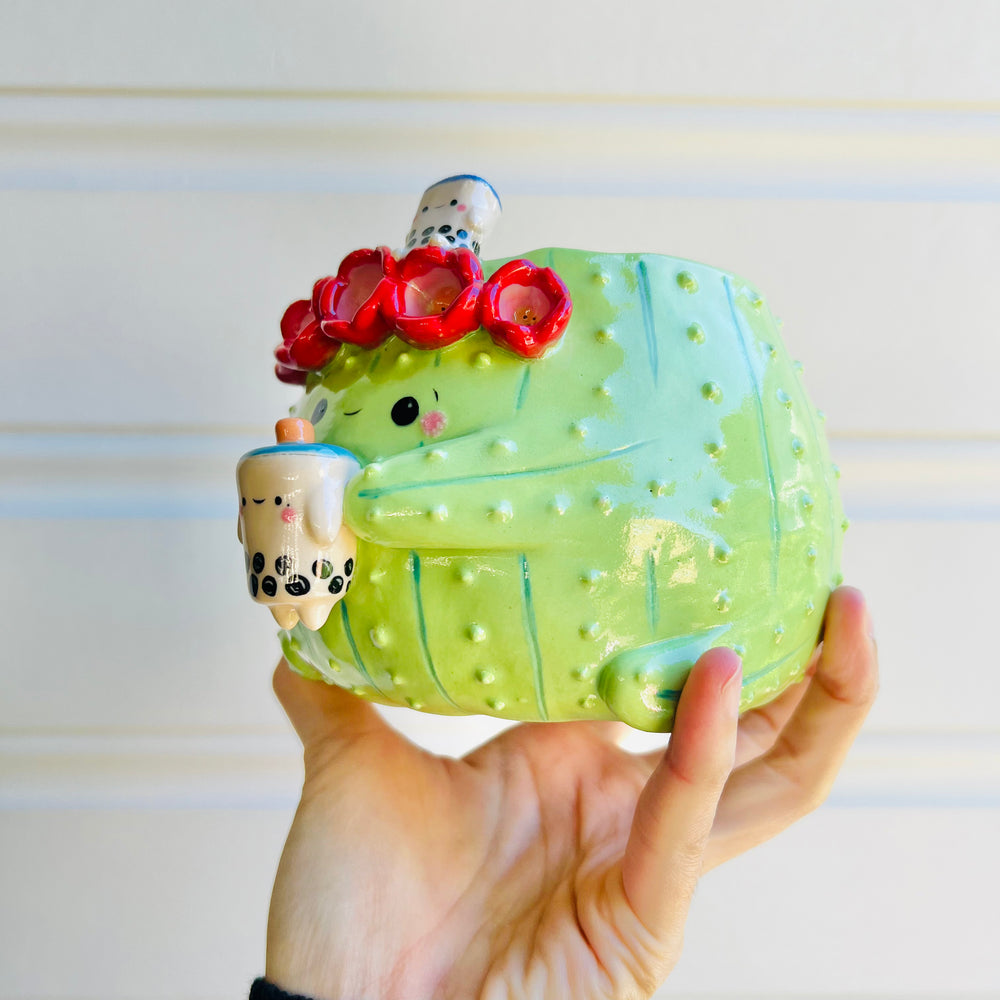 Flower crown cactus pot with bubble tea friends, photo 3 of 5