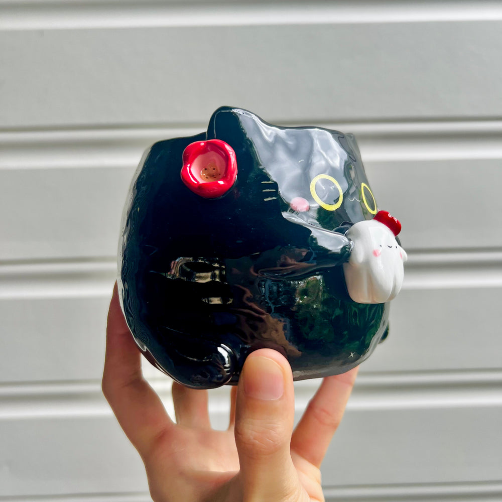 Halloween black cat pot with ghost friend, photo 2 of 7