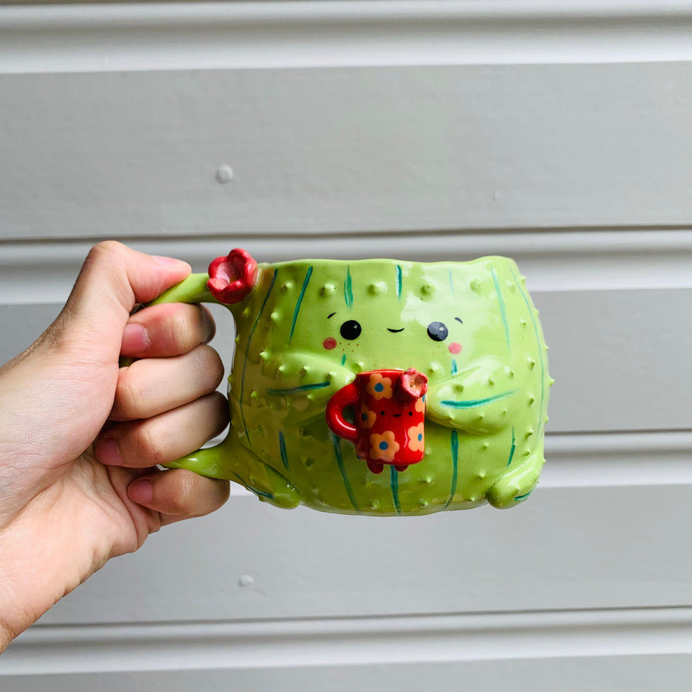 Light green CACTUS coffee pun mug with mug friend, photo 8 of 11