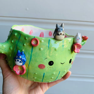 Dark green flowery cactus pot with Totoro friends