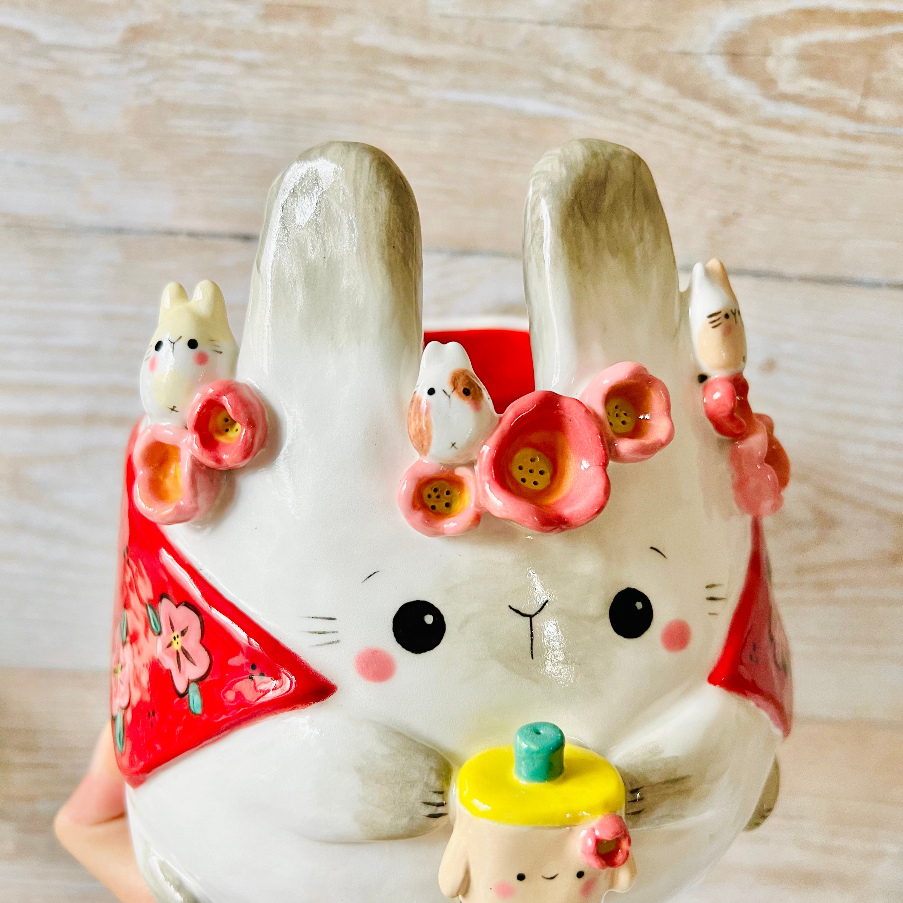 LNY cape wearing flowery Bunny pot with BBT and bunny friends