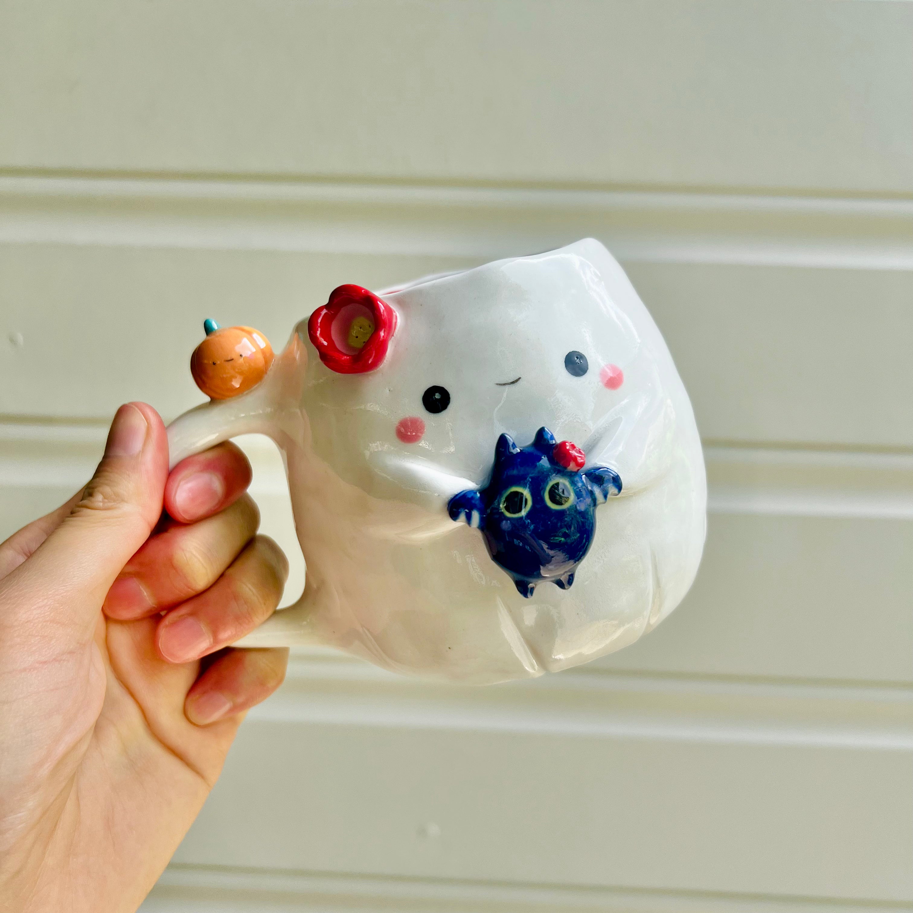 Halloween ghost mug with bat friend