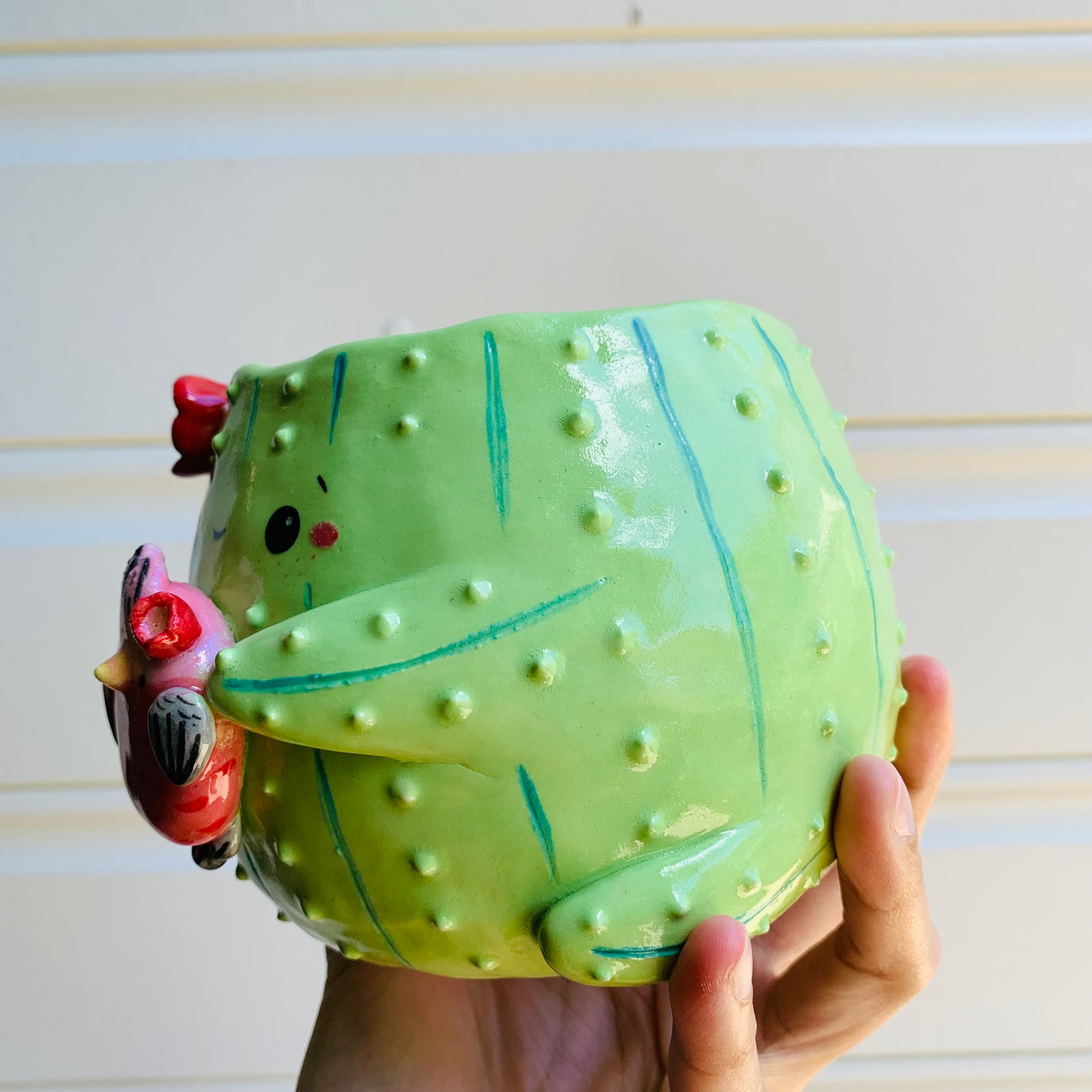 Flowery cactus pot with pink galah friend