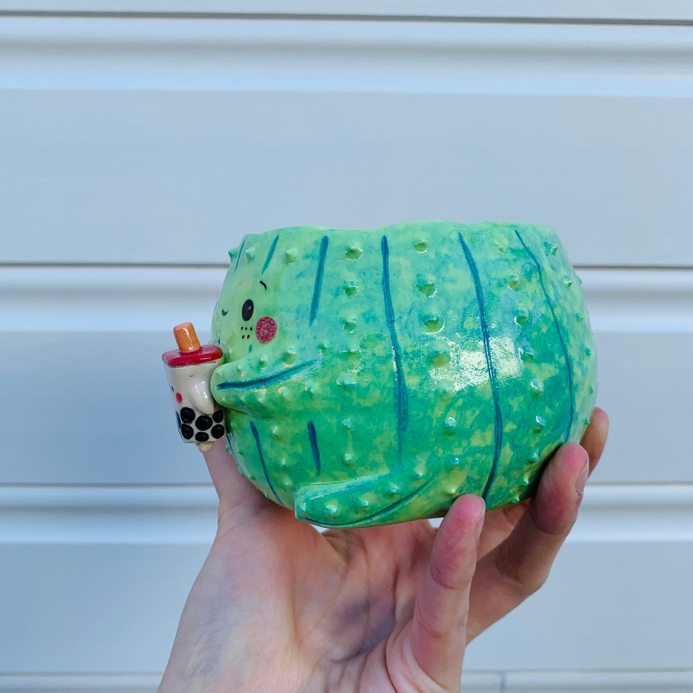 Dark green flowery cactus with bubble tea mug, photo 4 of 8